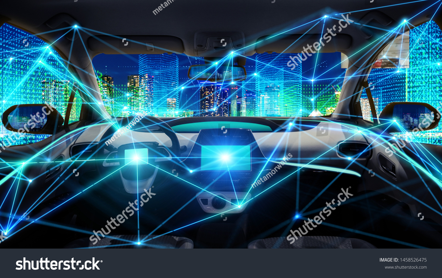 Interior of autonomous car. Driverless vehicle. Self driving. UGV. Advanced driver assistant system. #1458526475
