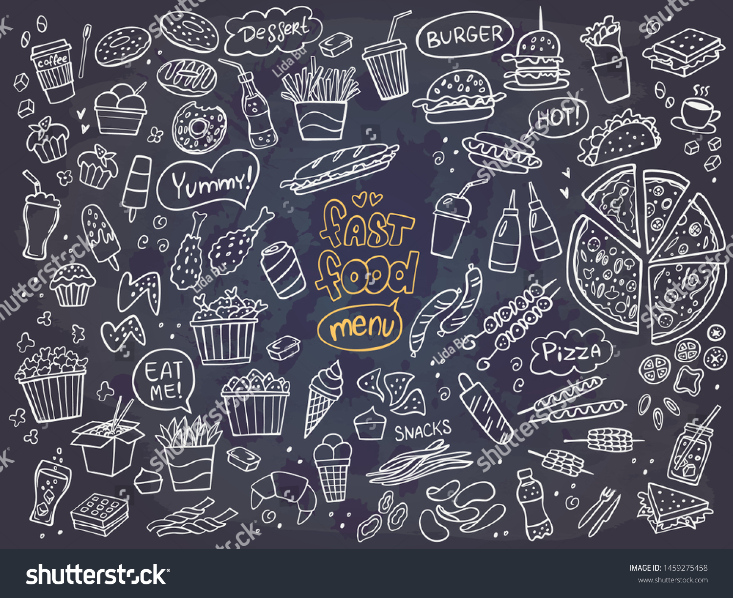 Set of fast food doodles on chalkboard. Vector illustration. Perfect for menu or food package design. #1459275458