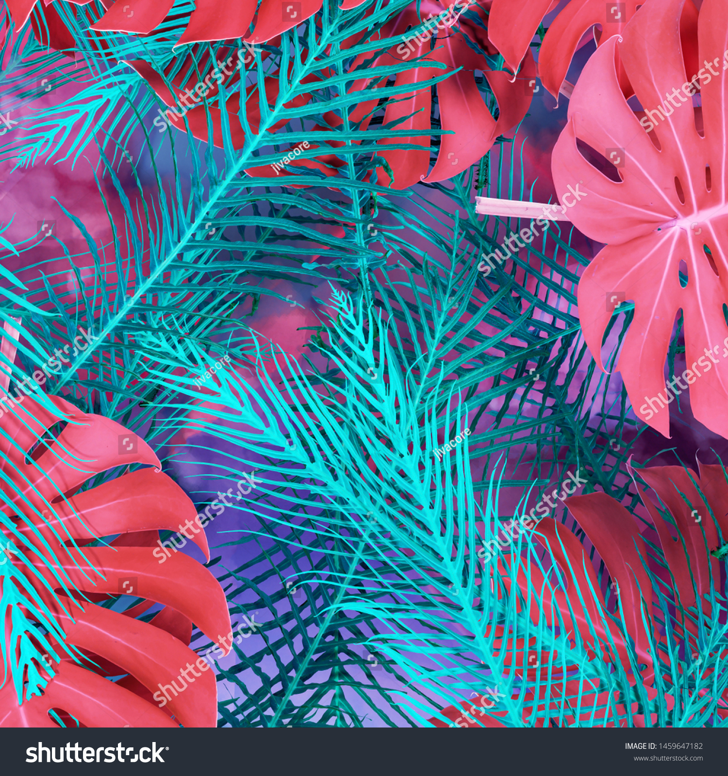 Creative fluorescent color layout made of tropical leaves with white square and fogs. Flat lay. Nature concept. 3d rendering - illustration #1459647182