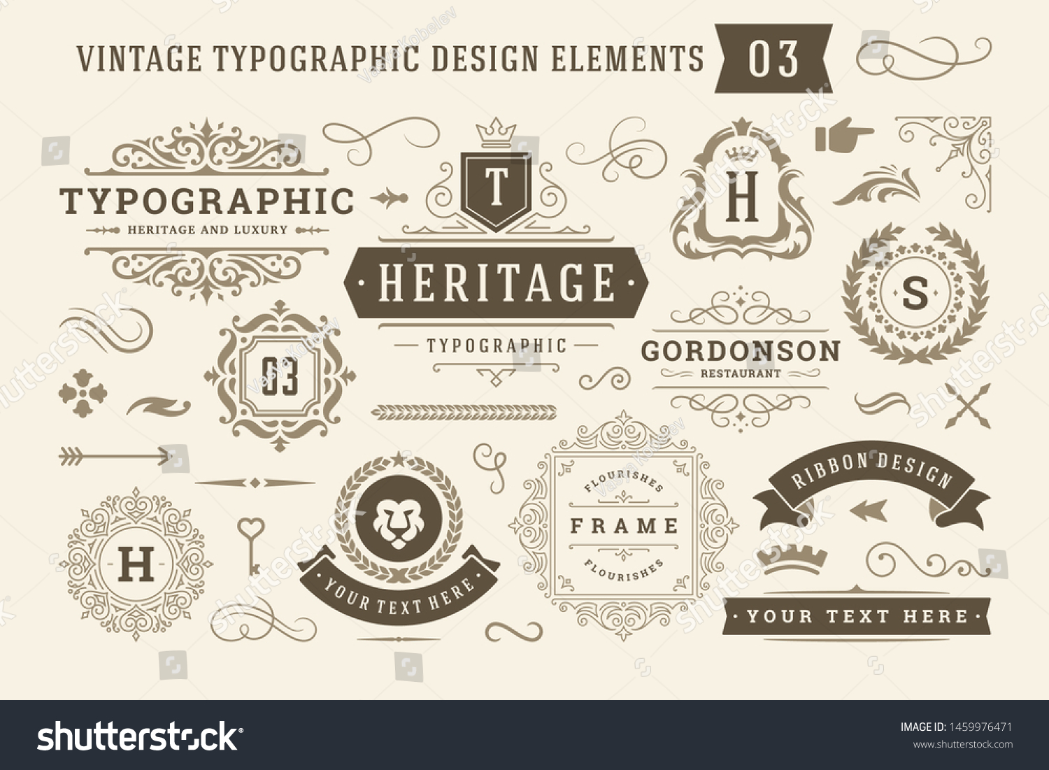 Vintage typographic design elements set vector illustration. Labels and badges, retro ribbons, luxury ornate logo symbols, calligraphic swirls, flourishes ornament vignettes and other. #1459976471