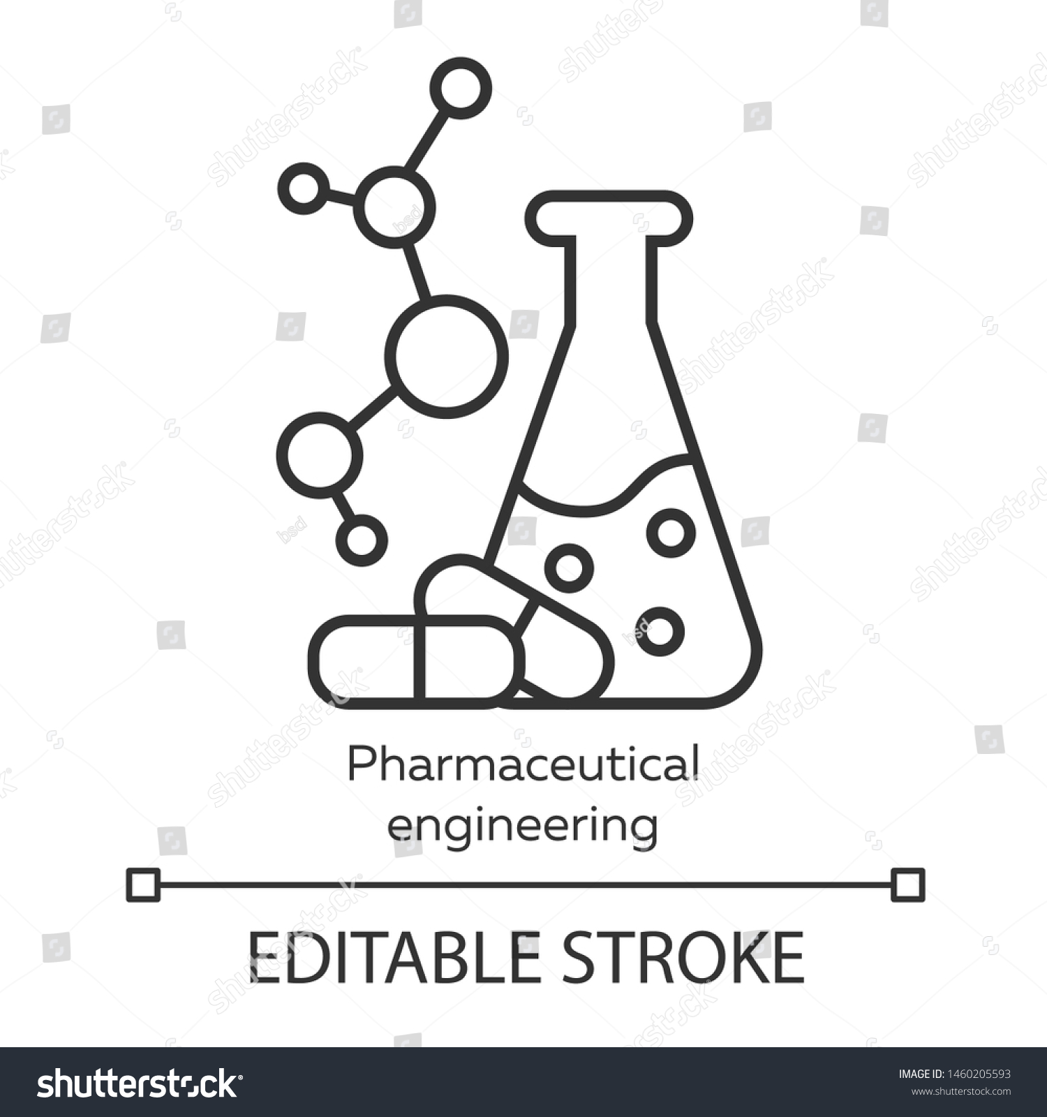 Pharmaceutical engineering linear icon. Chemical engineering. Flask, molecule, capsules. Pharmacology. Thin line illustration. Contour symbol. Vector isolated outline drawing. Editable stroke #1460205593