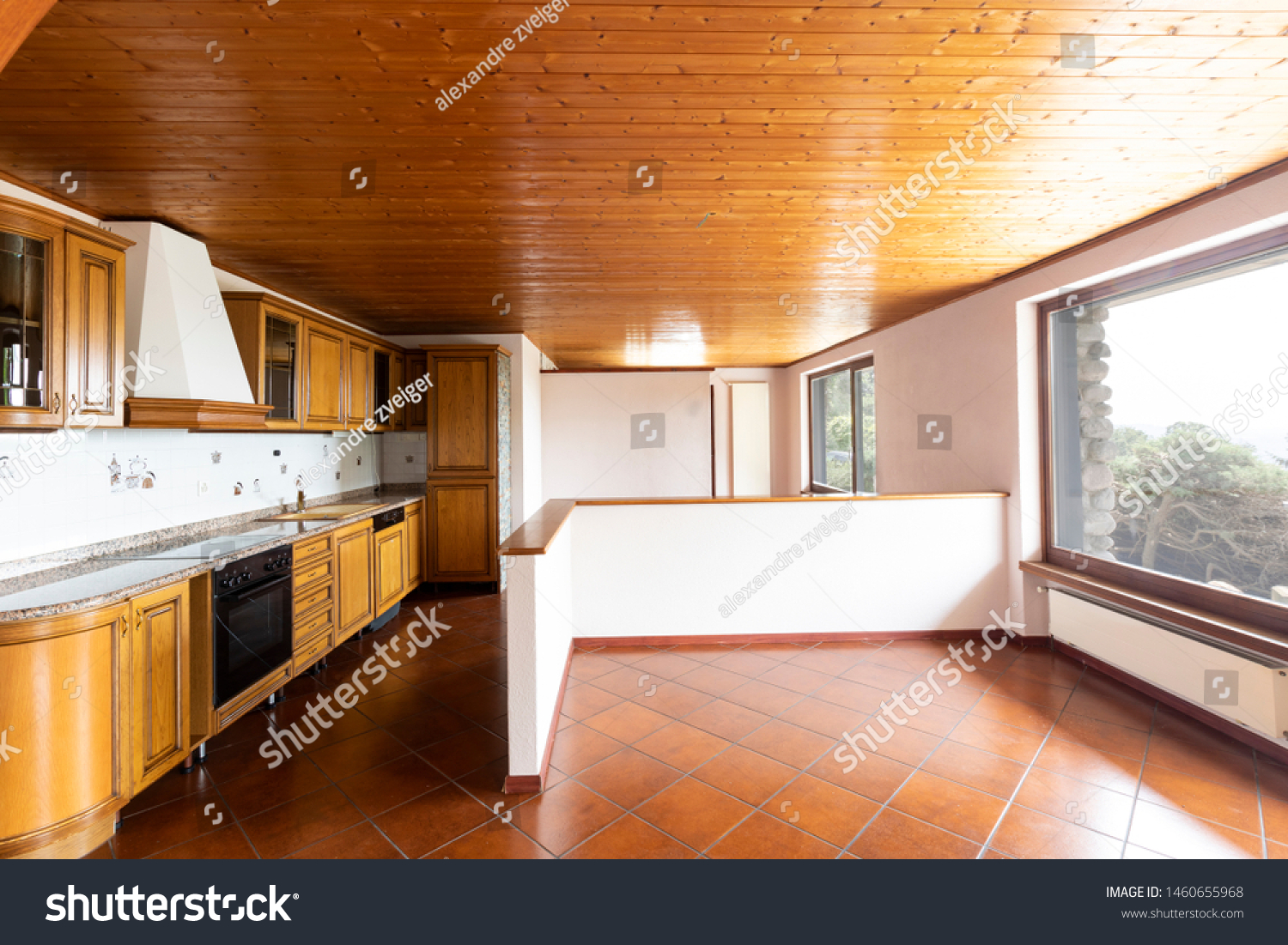 Traditional kitchen with terracotta and wood on the ceiling. Nobody inside #1460655968