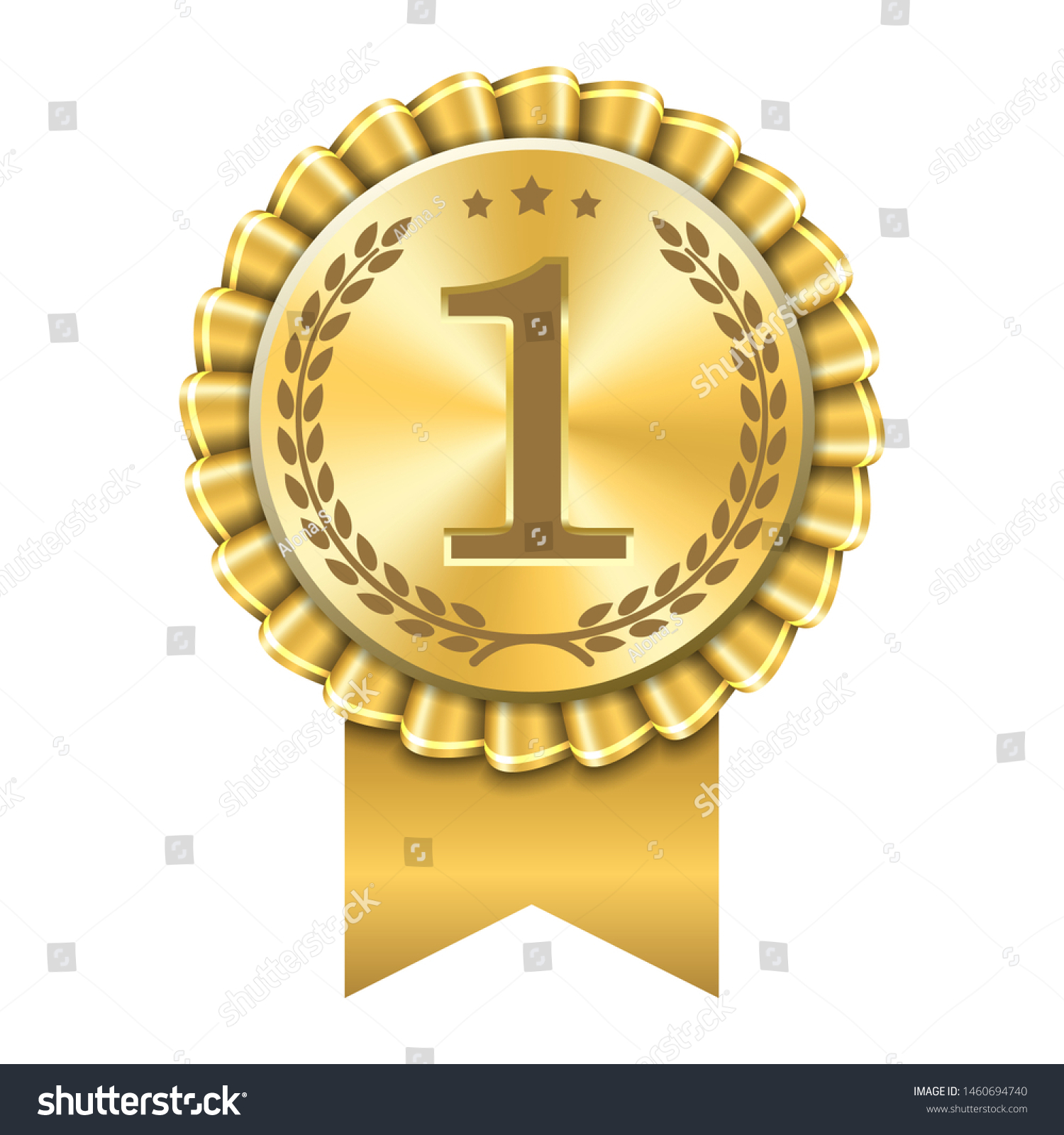 Award ribbon gold icon number first. Design winner golden medal 1 prize. Symbol best trophy, 1st success champion, one sport competition honor, achievement leadership, victory Vector illustration #1460694740