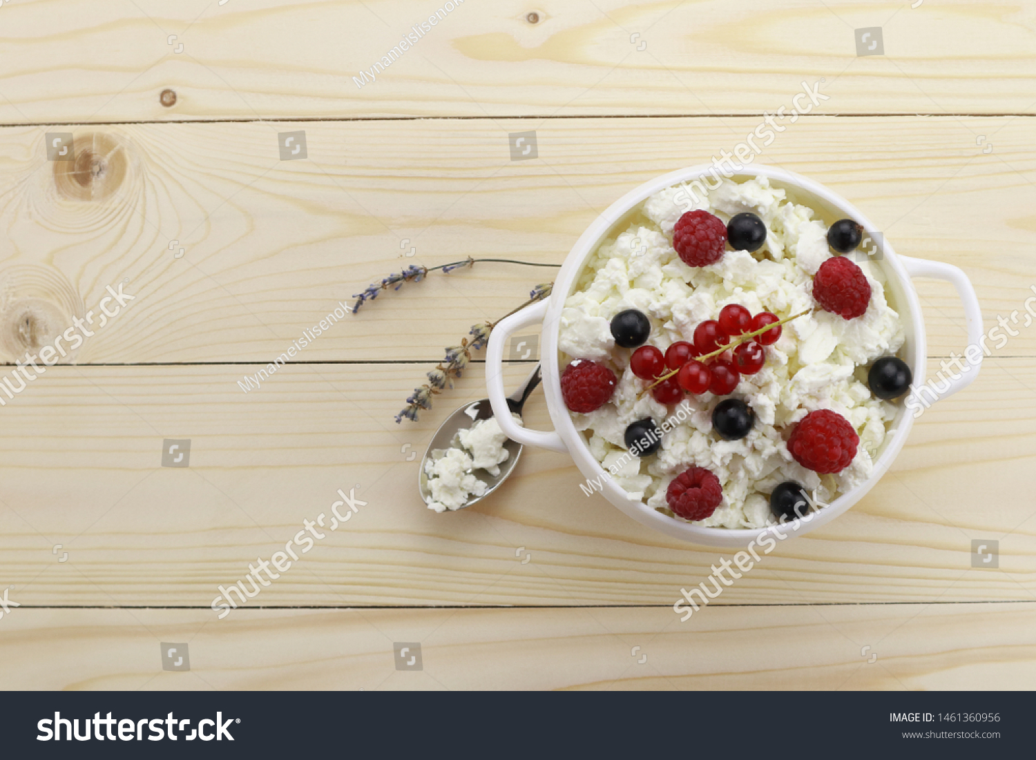 
Bowl with cottage cheese and fresh berries on wooden background
 #1461360956