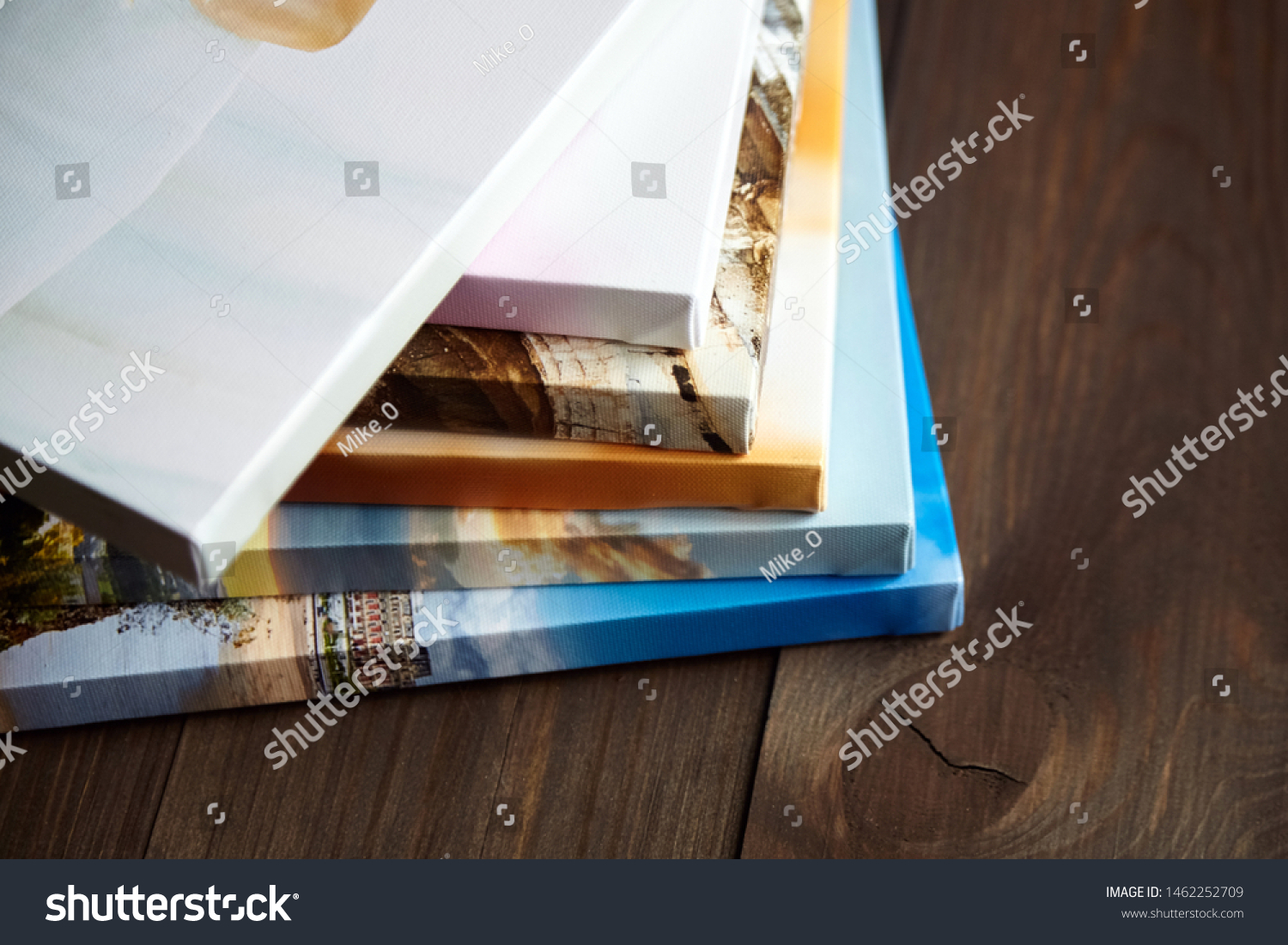 Photography canvas prints. Stacked colorful photos with gallery wrapping method of canvas stretching on stretcher bar, lateral side #1462252709