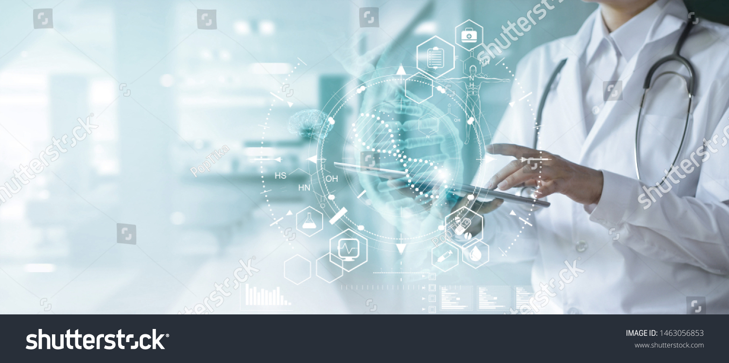 
Medicine doctor touching electronic medical record on tablet. DNA. Digital healthcare and network connection on hologram modern virtual screen interface, medical technology and futuristic concept. #1463056853