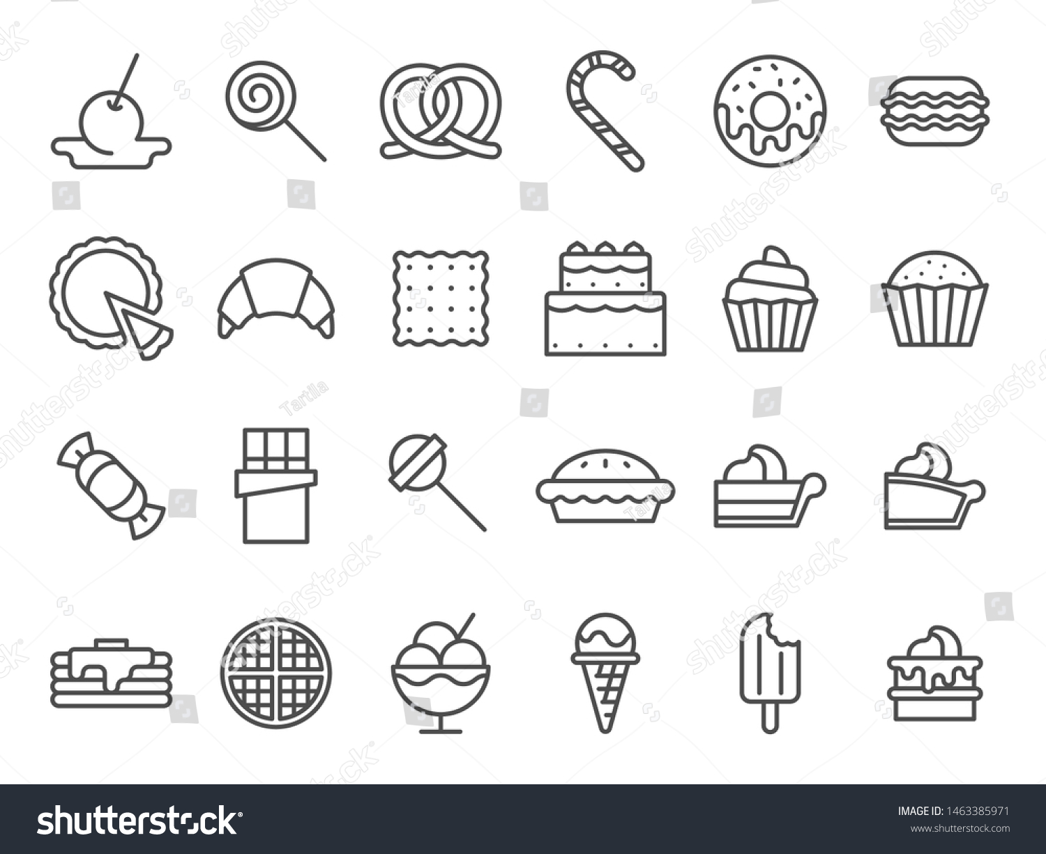 Sweet dessert icons. Sweetly cake, sweets ice cream and muffin cakes. Desserts line art pancakes, celebration chocolate cookies or cheesecream tart bakery dessert. Isolated vector icon set #1463385971