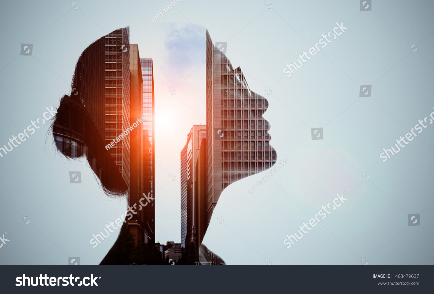 Double exposure of woman silhouette and modern city skyline. #1463479637