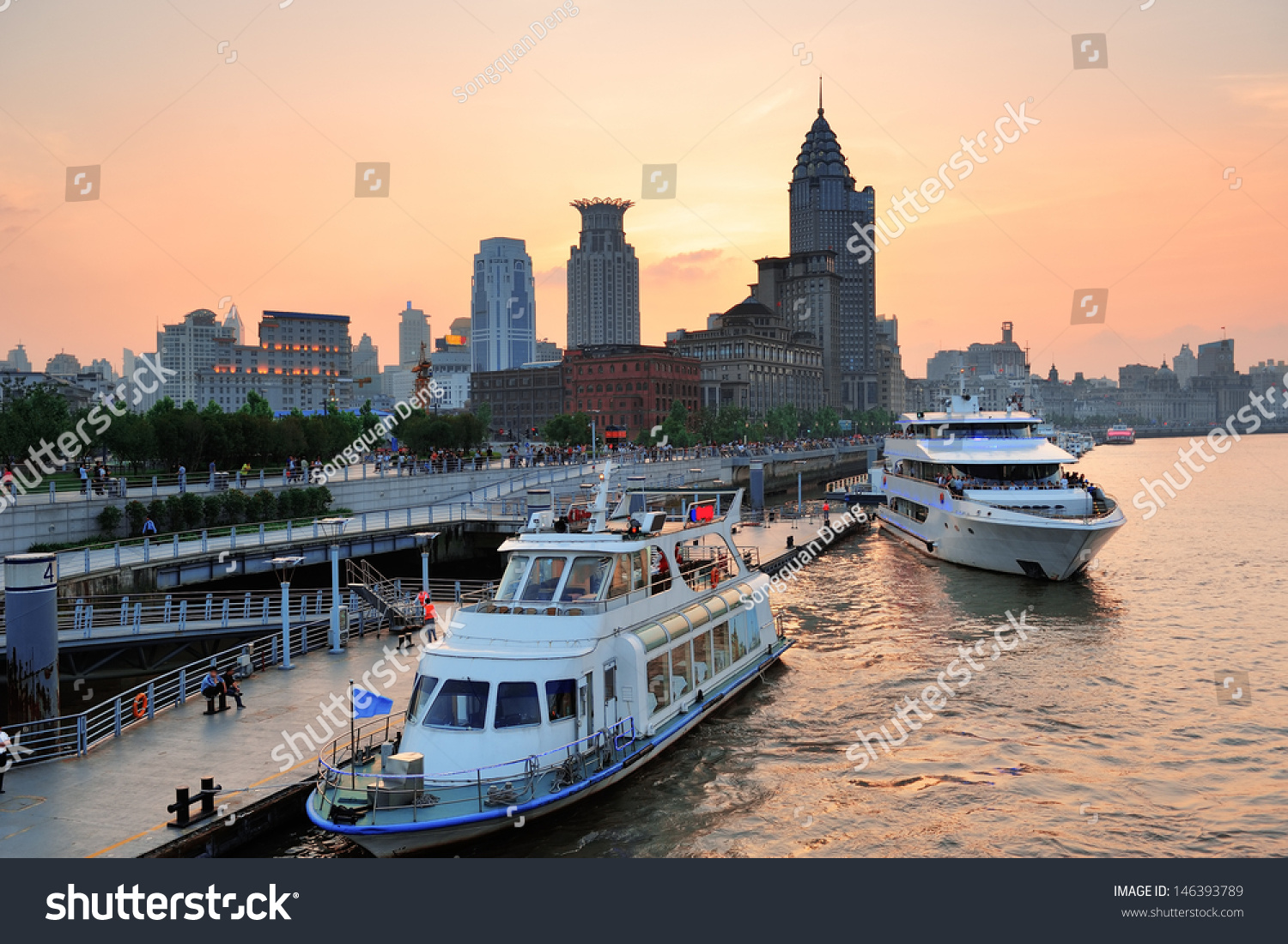 Boat in Huangpu River with Shanghai urban architecture at sunset in dock #146393789
