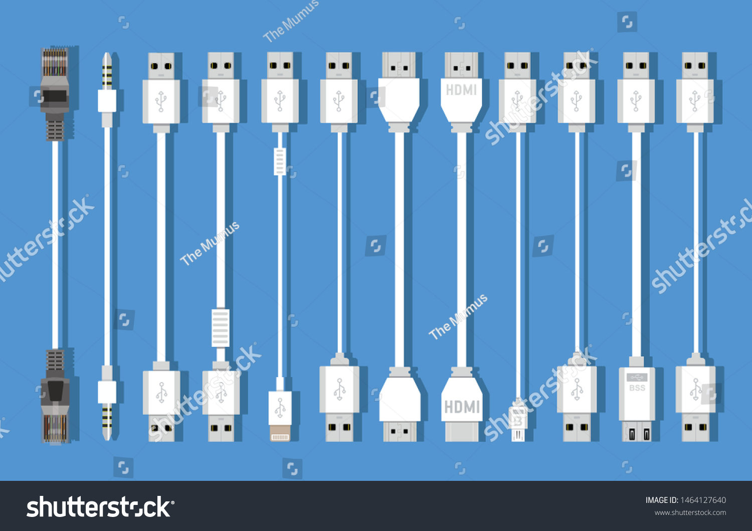 Different types of universal computer cable connectors, cables Type-A, Type-B, Mini-USB, USB Micro B, Micro-USB HDMI, Lightning, 30-pin USB,LAN wire #1464127640