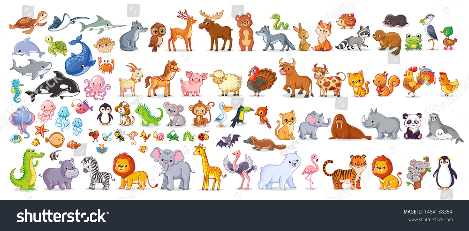 Big vector set with animals in cartoon style. Vector collection with mammals. #1464188354