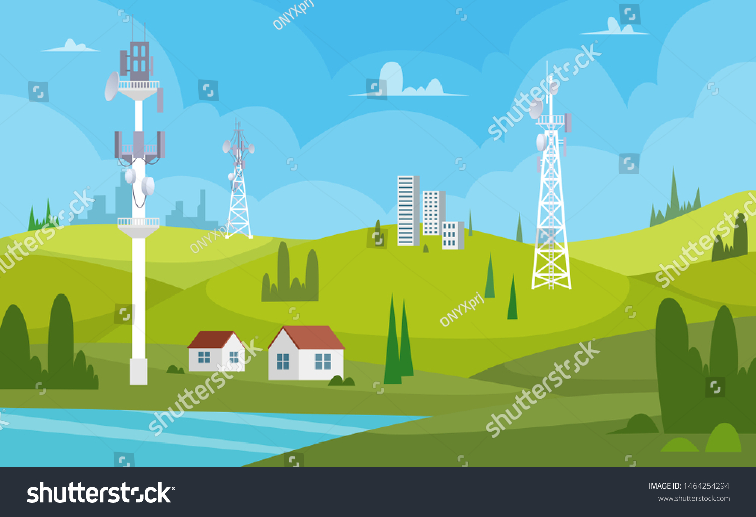Communication towers. Wireless antennas cellular wifi radio station broadcasting internet channel receiver vector cartoon background. Illustration of connection antenna wireless, signal transmitter #1464254294