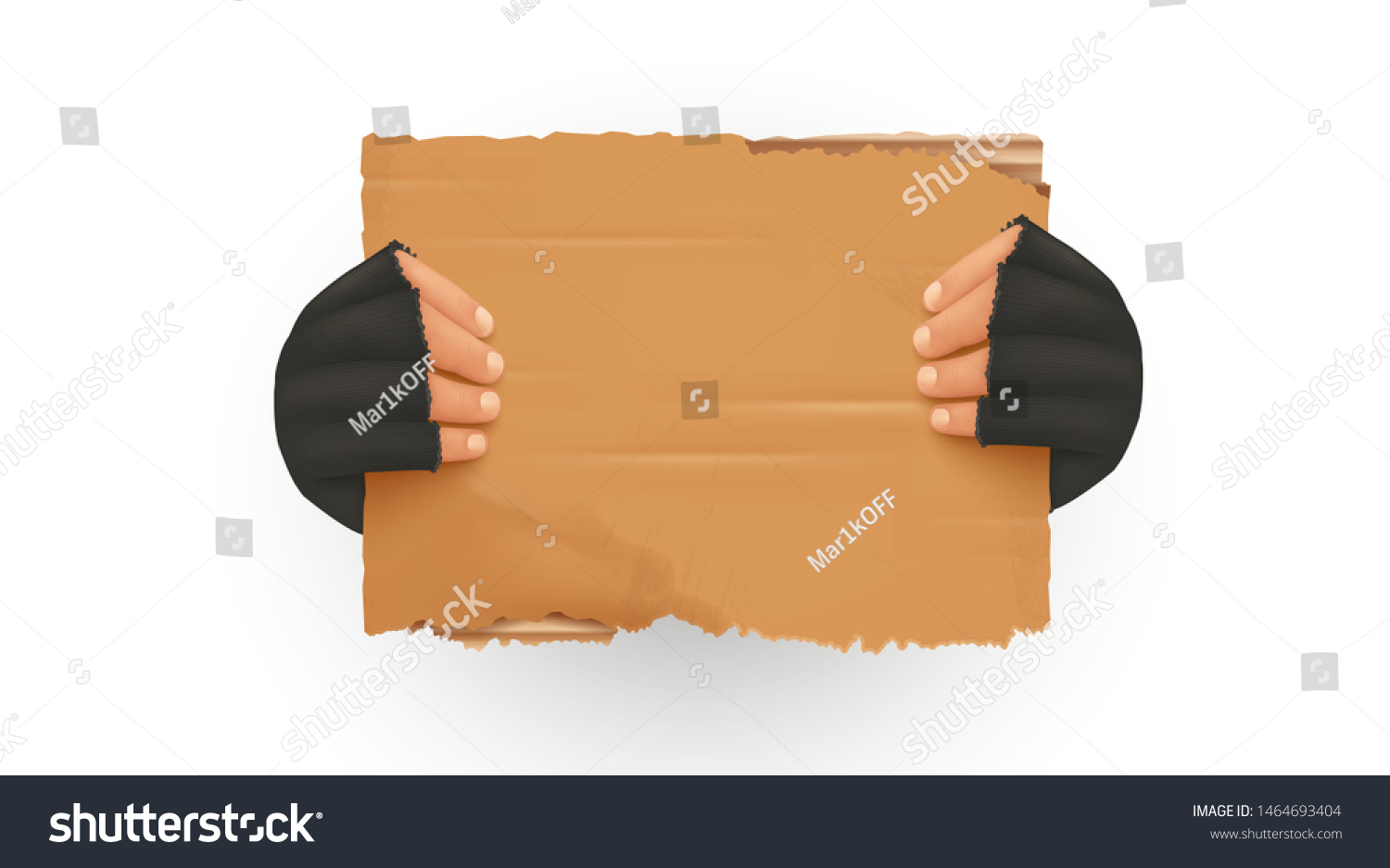 Homeless. Man holding up blank cardboard sign. Homeless holding a cardboard. Isolated vector illustration #1464693404