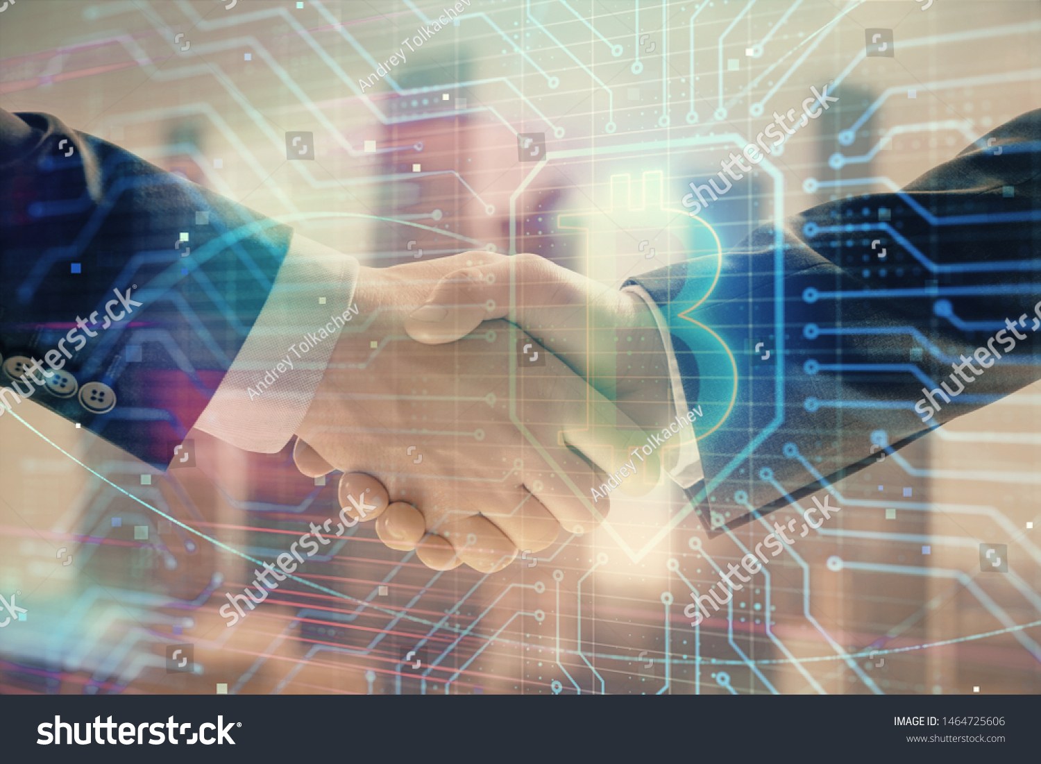 Double exposure of crypto economy theme drawing on cityscape background with handshake. Concept of partnership and blockchain #1464725606