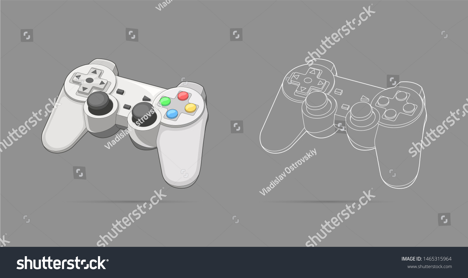 Keypad, gamepad, controller, input device. Console gaming, video games, entertaiment, arcade. Retro Gaming controller line and color drawing. Flat style, colorful, vector gaming illustration.  #1465315964