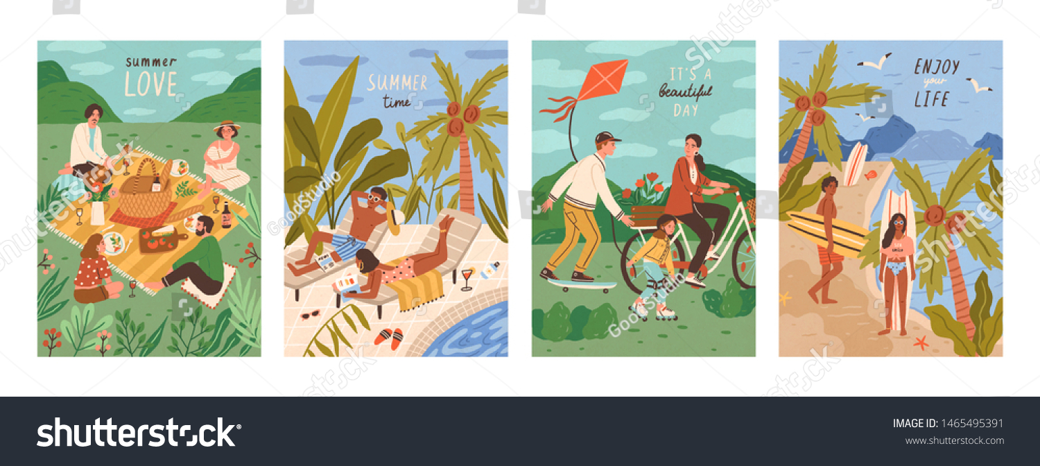 Set of flyers with people performing outdoor leisure activities - friends at picnic, couple sunbathing at swimming pool, surfers on tropical beach. Summer vacation cards. Flat vector illustration. #1465495391
