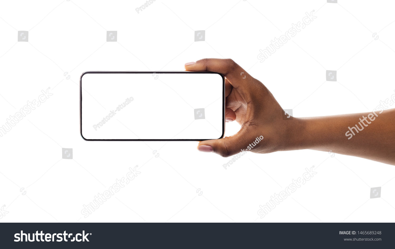 Mockup Image Of Smartphone With Blank Screen In Black Girl's Hand Isolated On White. Panorama, Copy Space #1465689248