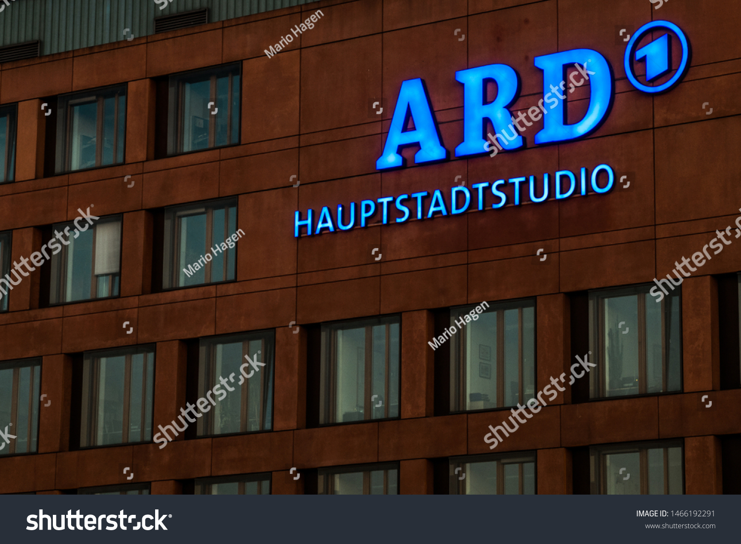 Berlin, Germany, July 2019, Facade with blue logo of the capital studios from the ARD (German public broadcaster) in the government District in Berlin Mitte  #1466192291