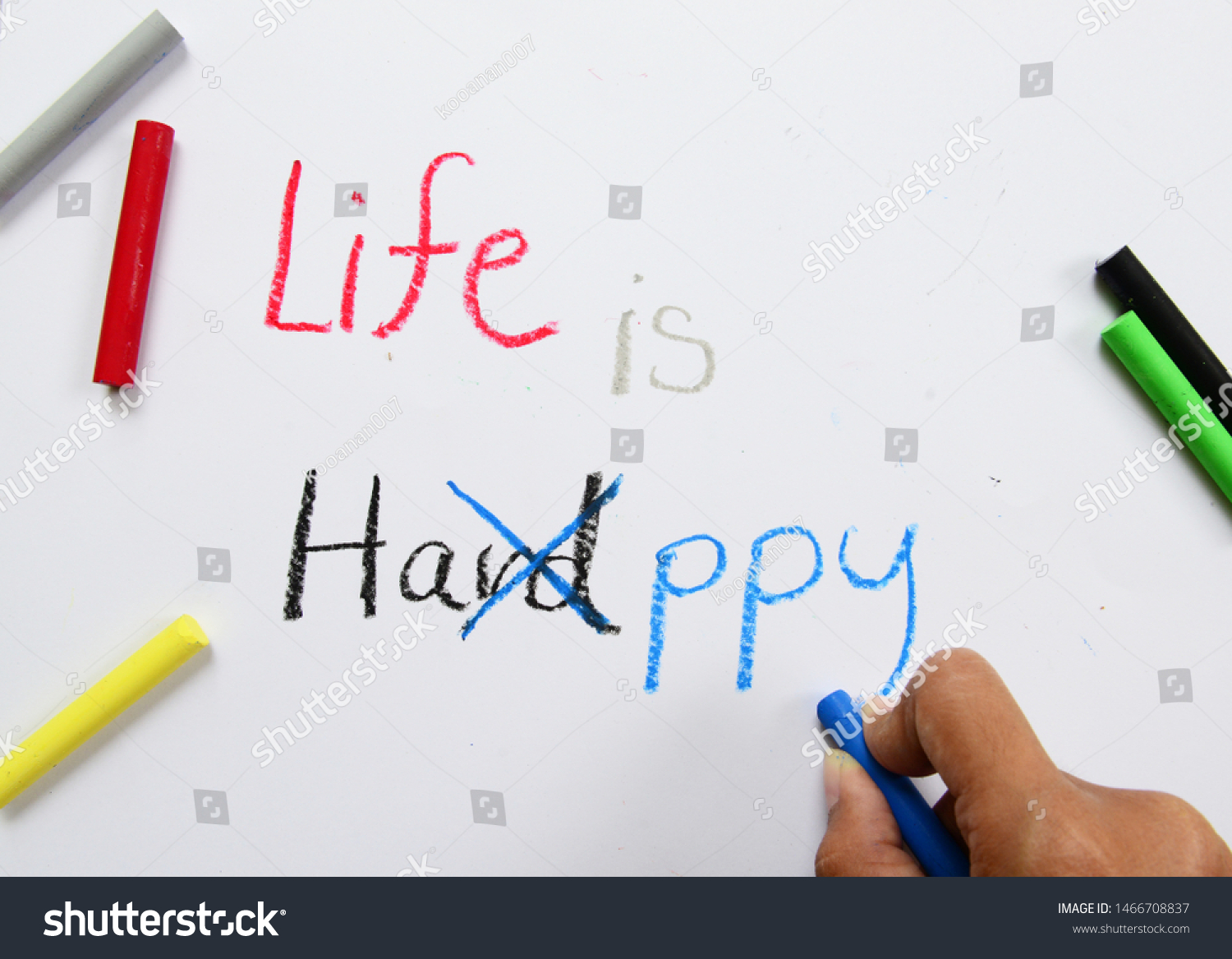 Life is Hard or Happy word, oil paint, writing, red, black, blue, child hand, motivational inspirational quotes words, words typography lettering concept for business, website, education and other. #1466708837