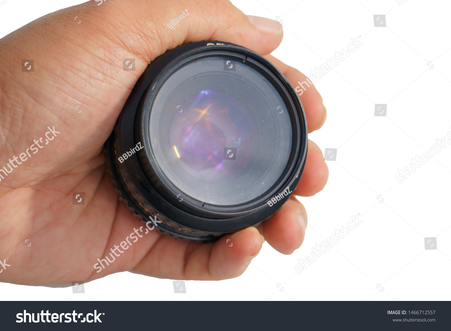 Clipping path old lens photos and classic camera an accident, dirty, fungus, diffuse in hand on white background concept studio. #1466712557