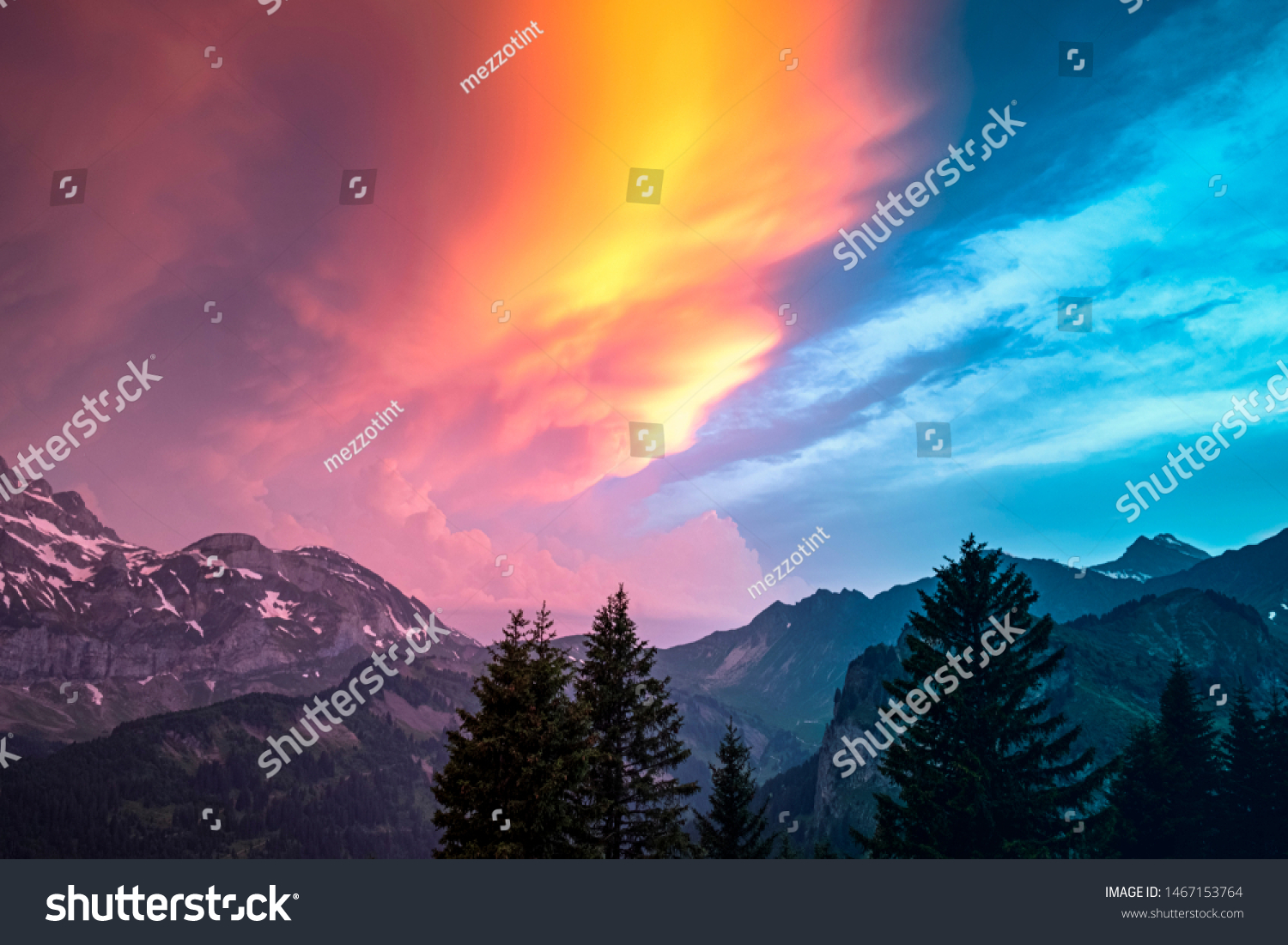 Spectacular sundown of the Dents du Midi mountain range in Switzerland #1467153764