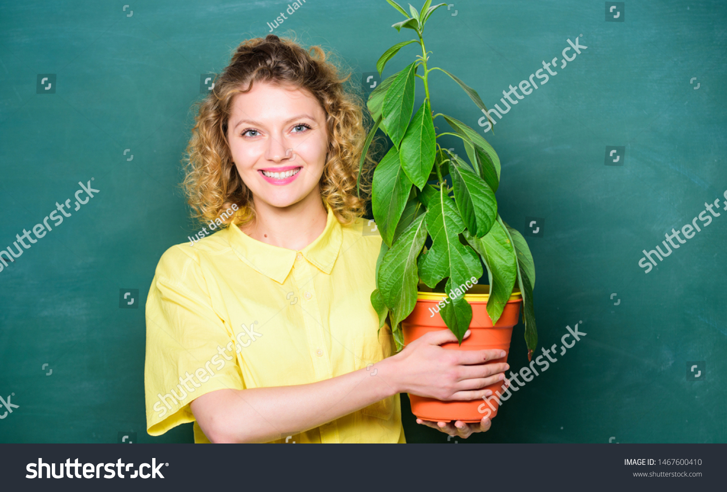 Botany is about plants flowers and herbs. Woman chalkboard background carry plant in pot. Take good care plants. Botany and biology lesson. Botanical expert. Botany education. Florist concept. #1467600410