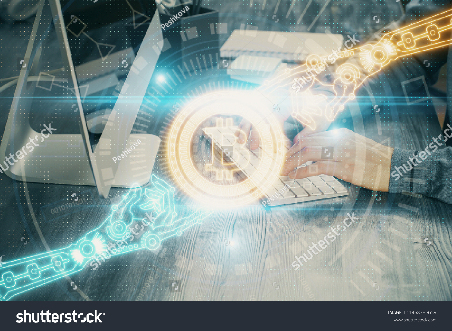 Blockchain theme hud with businessman working on computer on background. Concept of crypto chain. Multi exposure. #1468395659