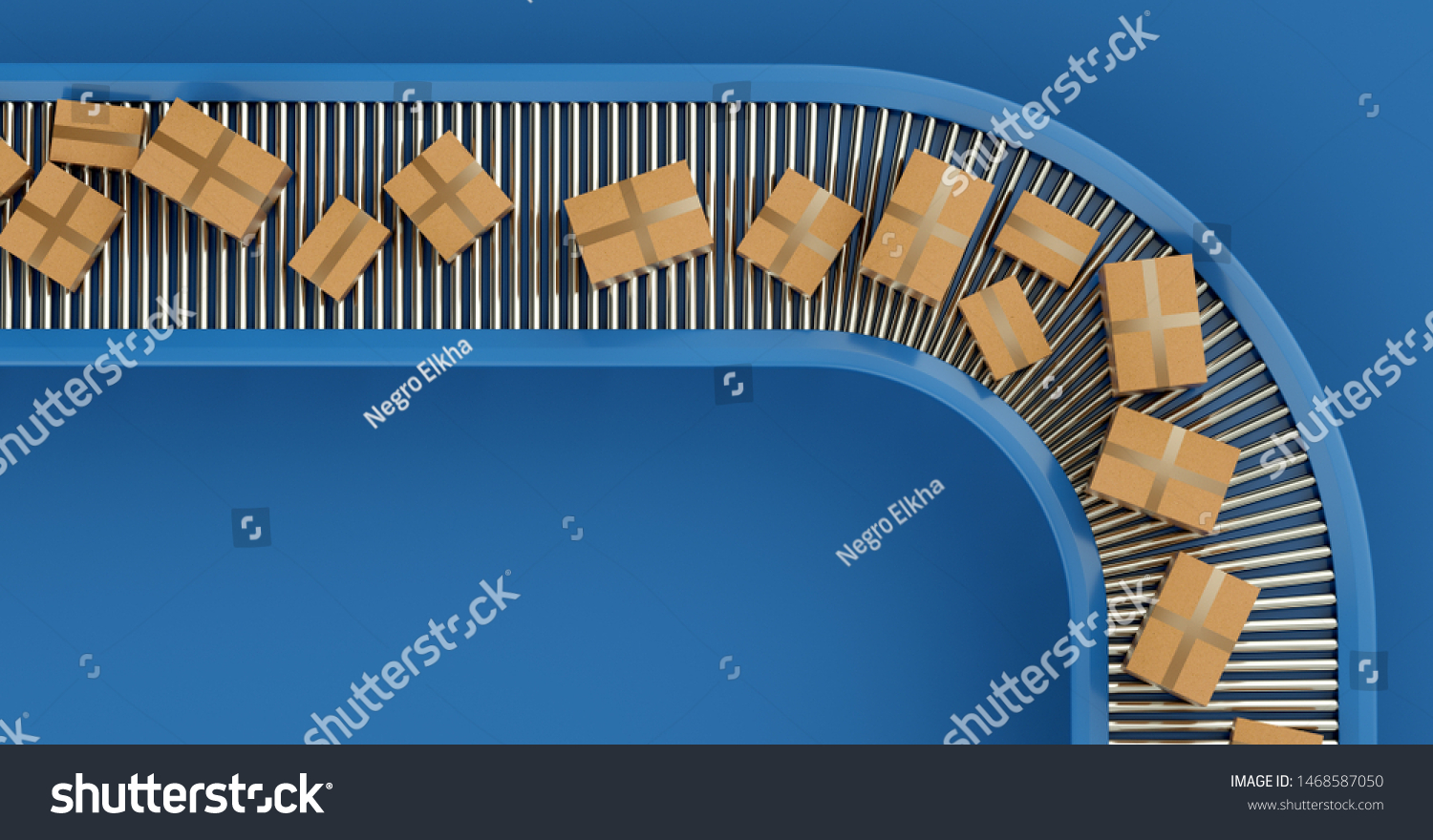 Conveyor belt with orders. Automatic mechanized logistics. 3D Illustration. #1468587050