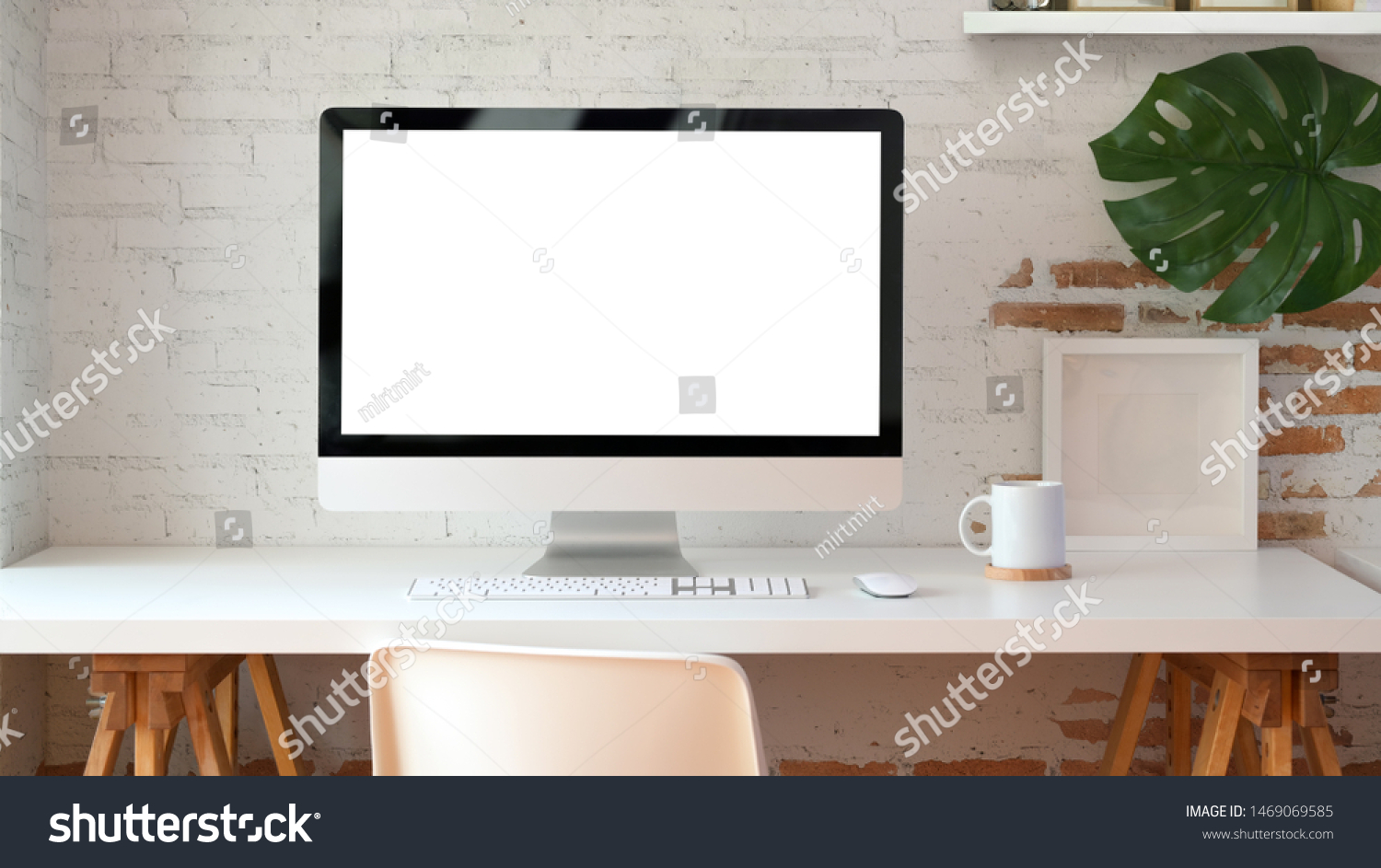 Blank screen desktop computer in minimal office room with decorations and copy space  #1469069585