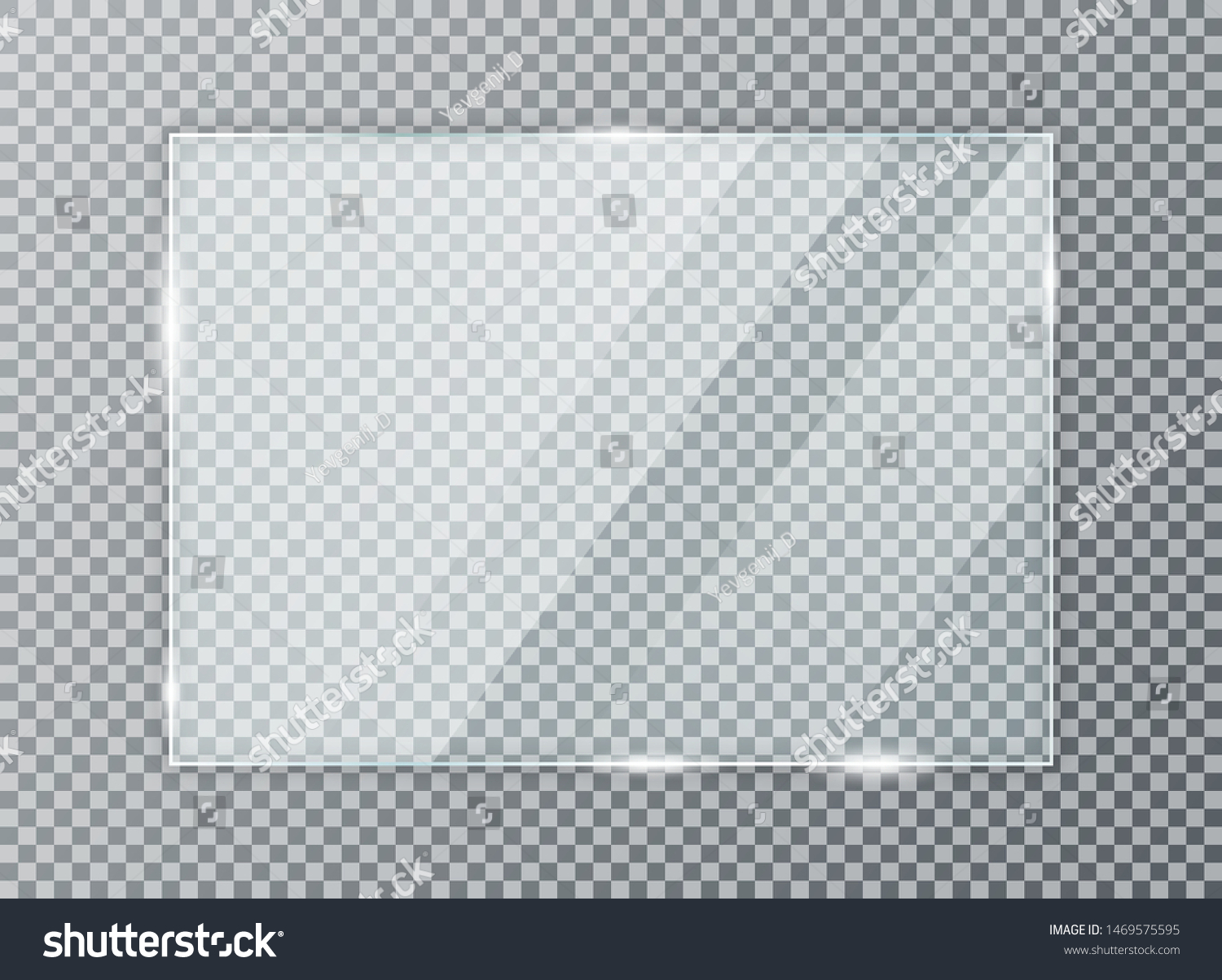 Glass plate on transparent background. Acrylic and glass texture with glares and light. Realistic transparent glass window in rectangle frame. Vector #1469575595
