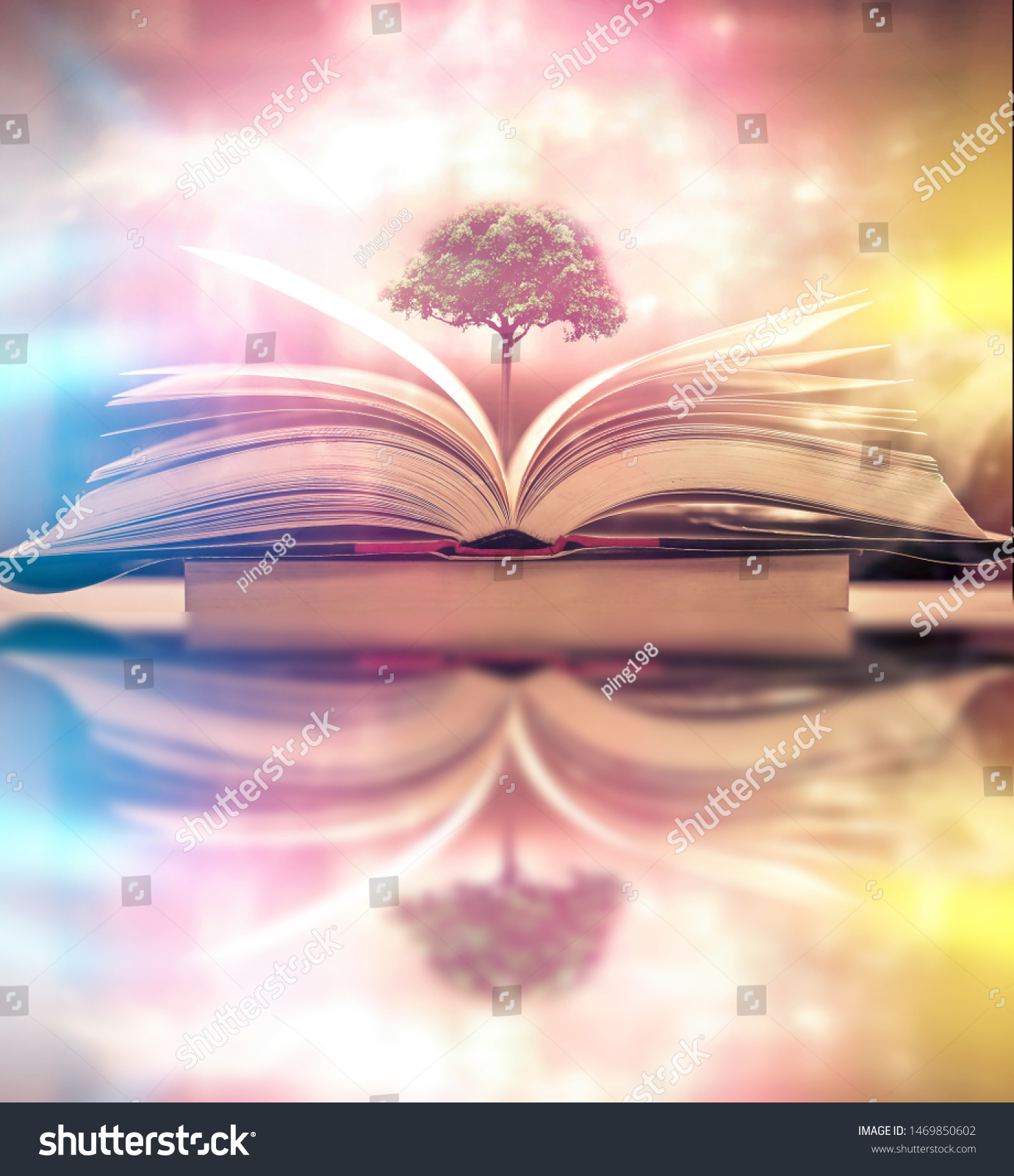 The concept of education by planting a tree of knowledge in the opening of an old book in the library and the magical magic of light that flies to the destination of success. Beautiful background #1469850602