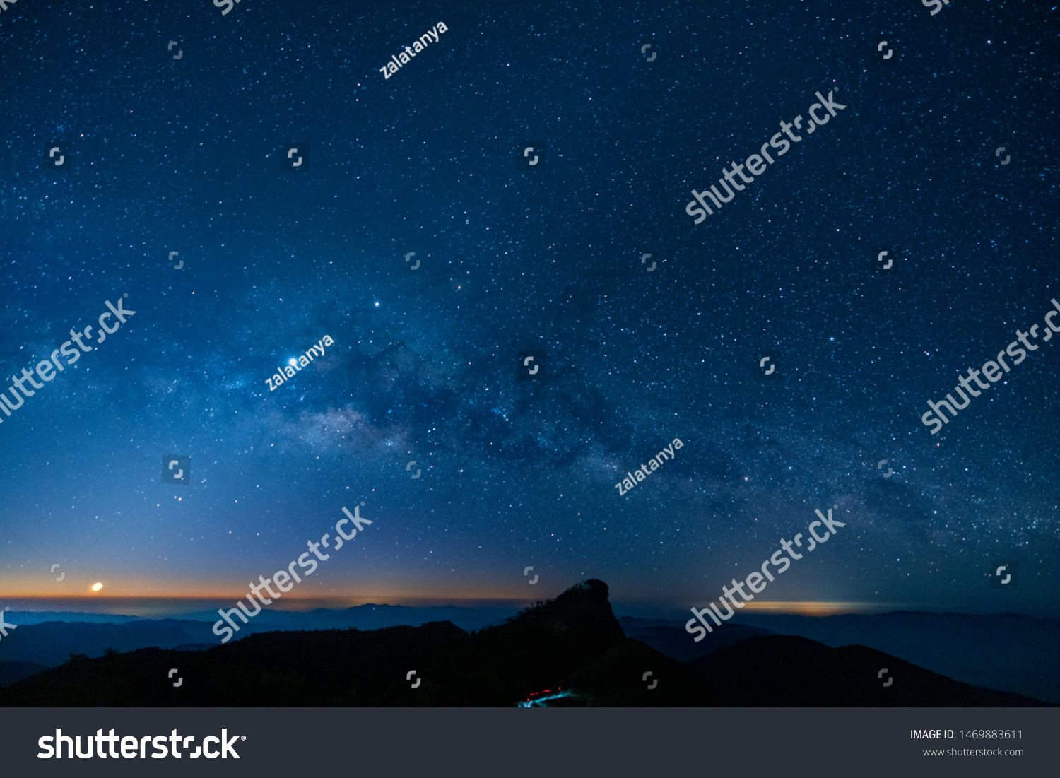Gorgeous milky way, moon and sun in starry sky with the light of dawn at Doi Mon Jong, Chiangmai, Thailand #1469883611