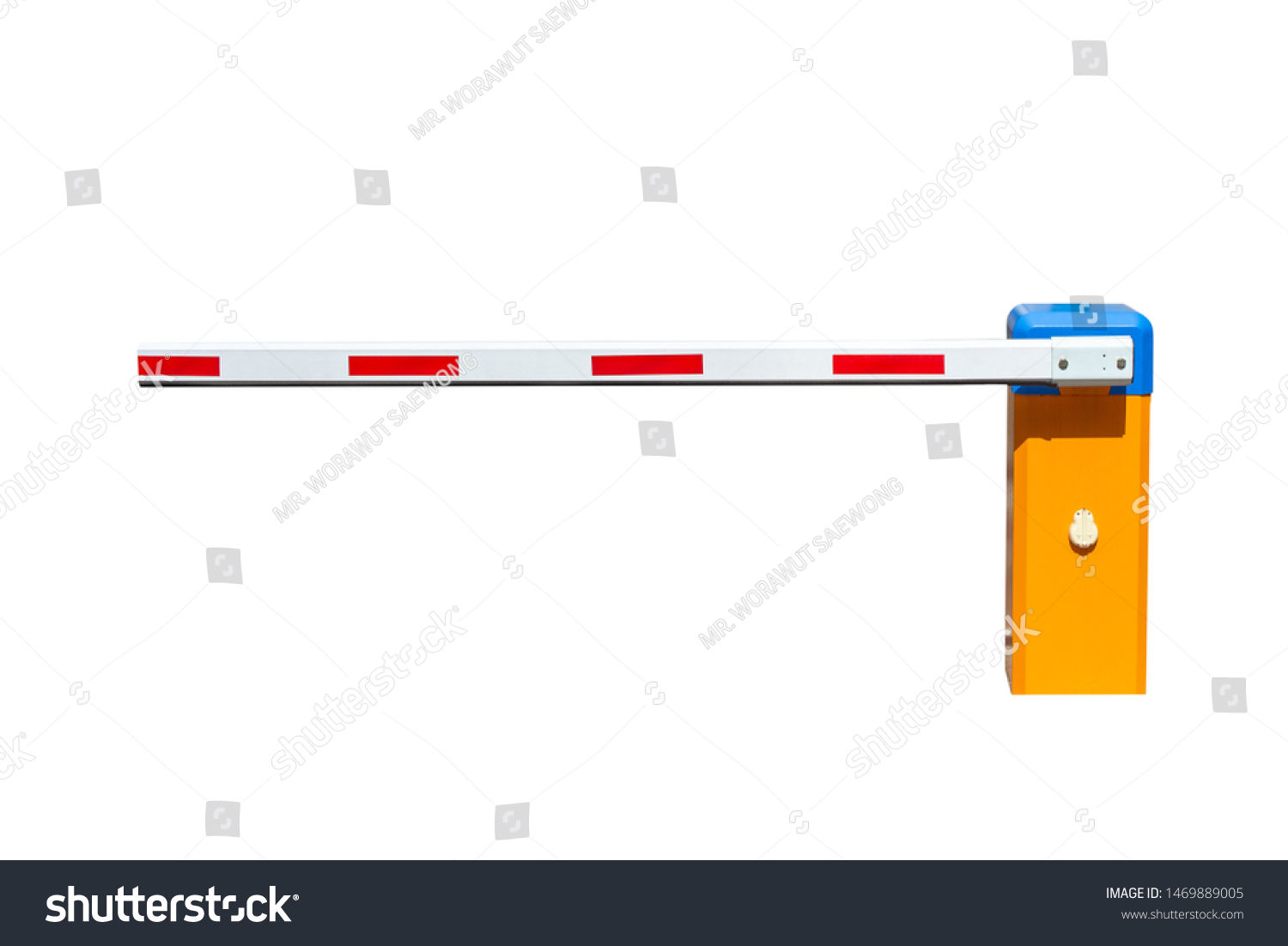 Barrier on the car parking lot barrier gate Automatic system for security on white background with clipping path. #1469889005