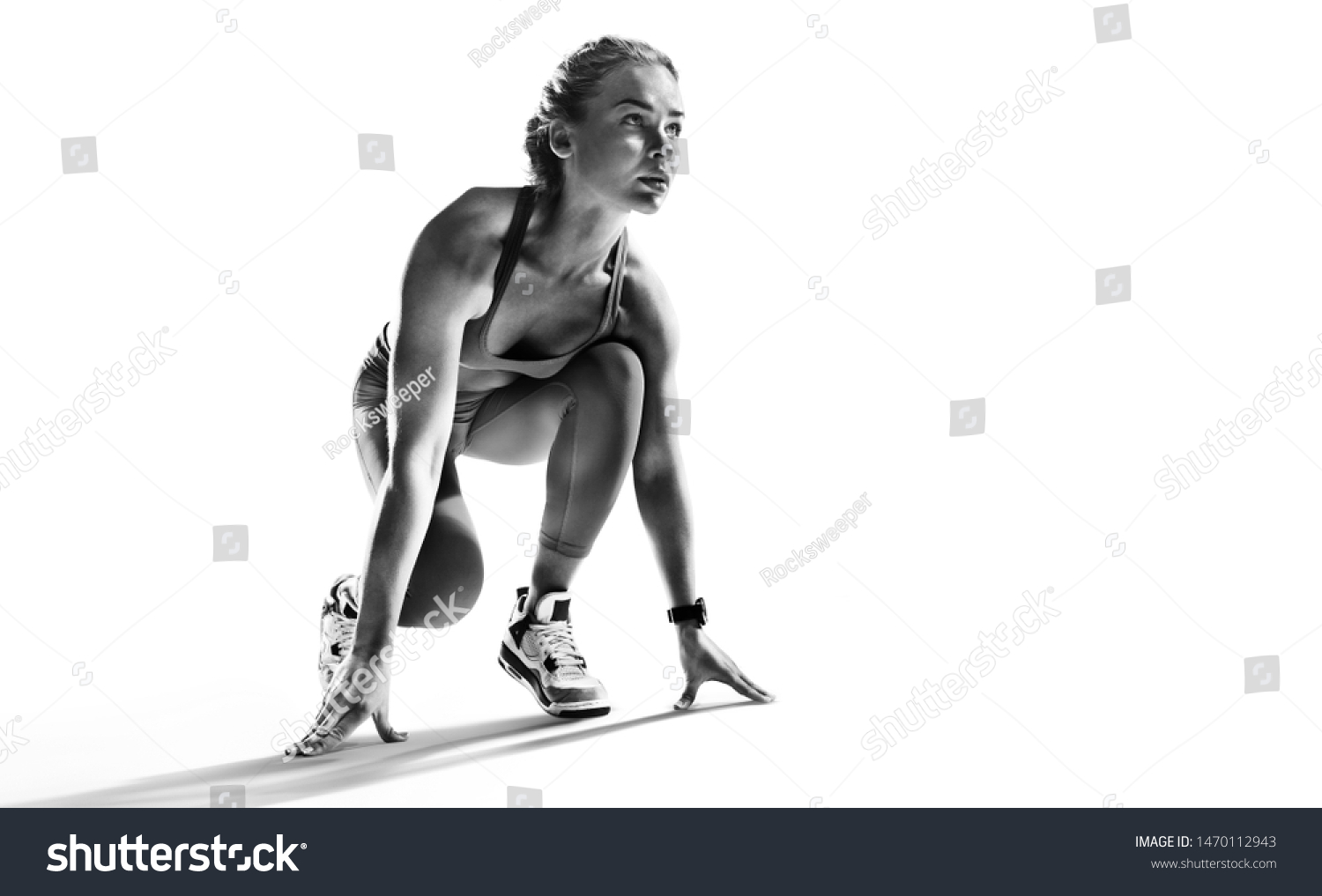 Sports background. Runner on the start. Black and white image isolated on white. #1470112943