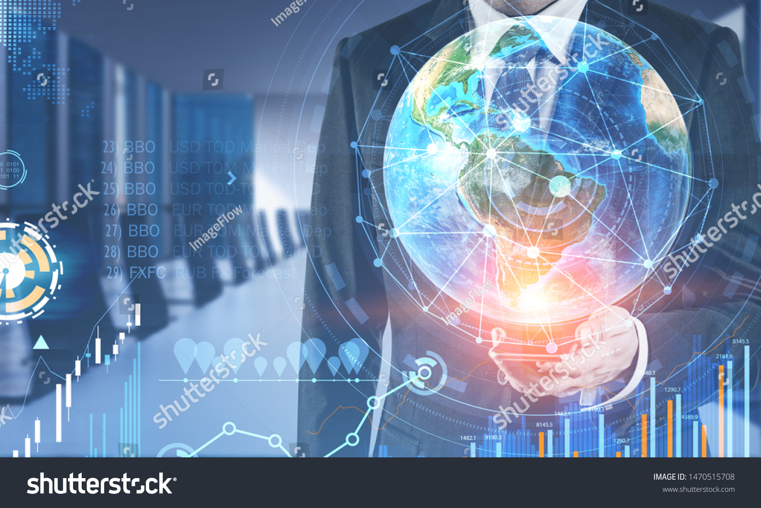 Businessman with smartphone in blurred office with double exposure of business infographics. Market analysis concept. Toned image. Elements of this image furnished by NASA #1470515708