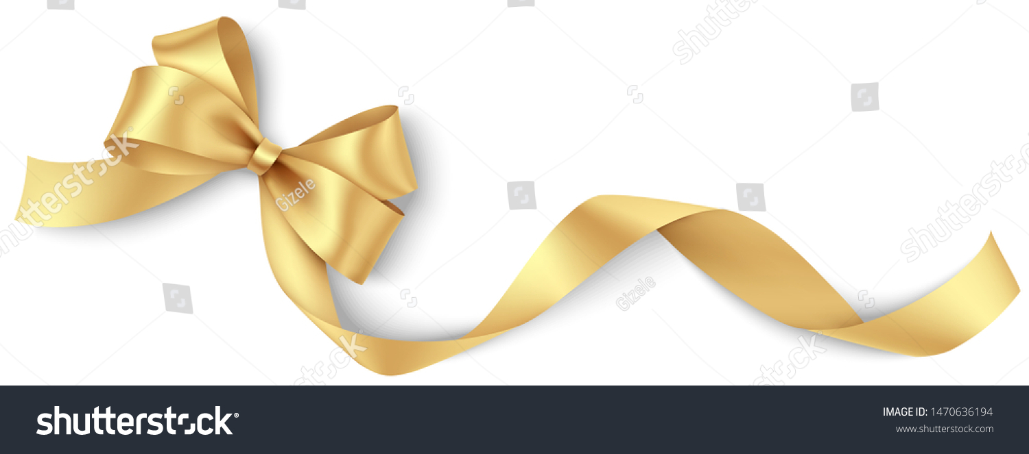 

Decorative golden bow with long yellow ribbon isolated on white background. Christmas and New Year holiday decoration. Vector illustration #1470636194