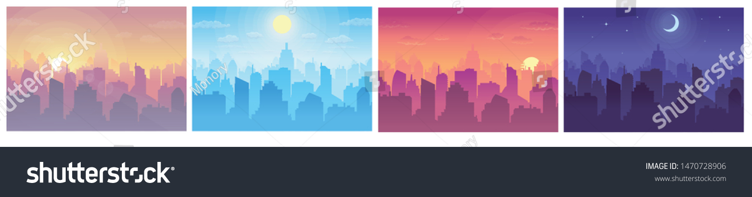 Cityscape at different times. Daytime vector cityscape in flat style. Morning, noon, sunset and night stars at city cityscape.