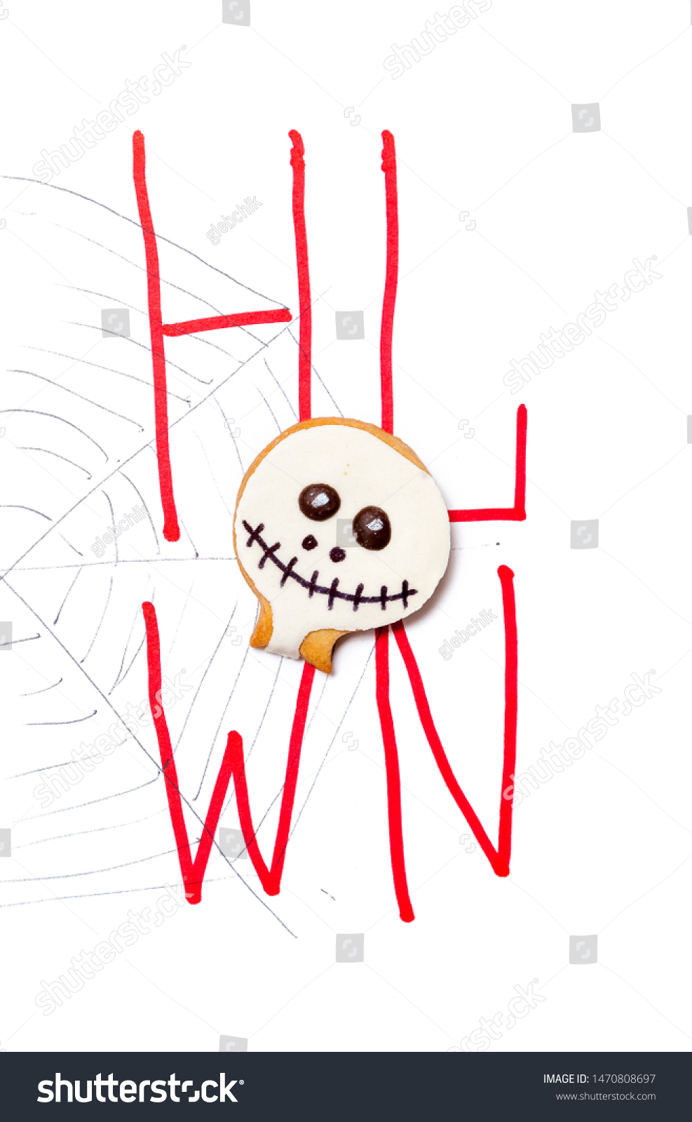 Original poster for Halloween. A round mask in the form of a mask lies on a close-up drawn web. Drawn red consonants H L W N
 #1470808697