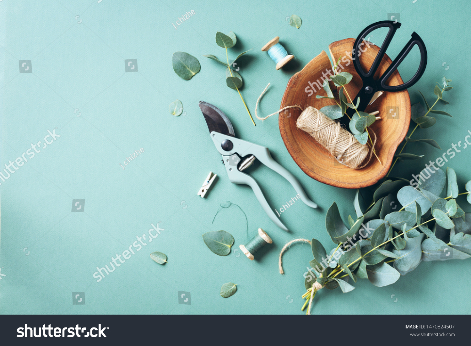 Eucalyptus branches and leaves, garden pruner, scissors, wooden plate over green background with copy space. Florist concept, top view #1470824507