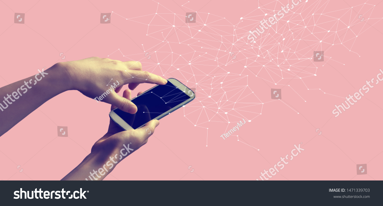 Network connection with person holding a white smartphone #1471339703