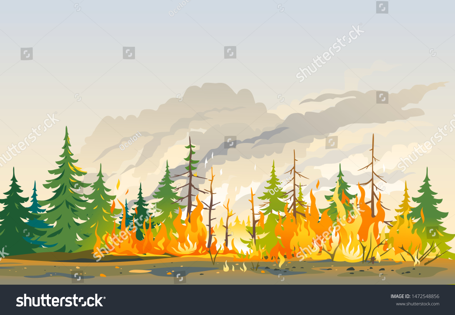 Burning forest spruces in fire flames, nature disaster concept illustration background, poster danger, careful with fires in the woods #1472548856
