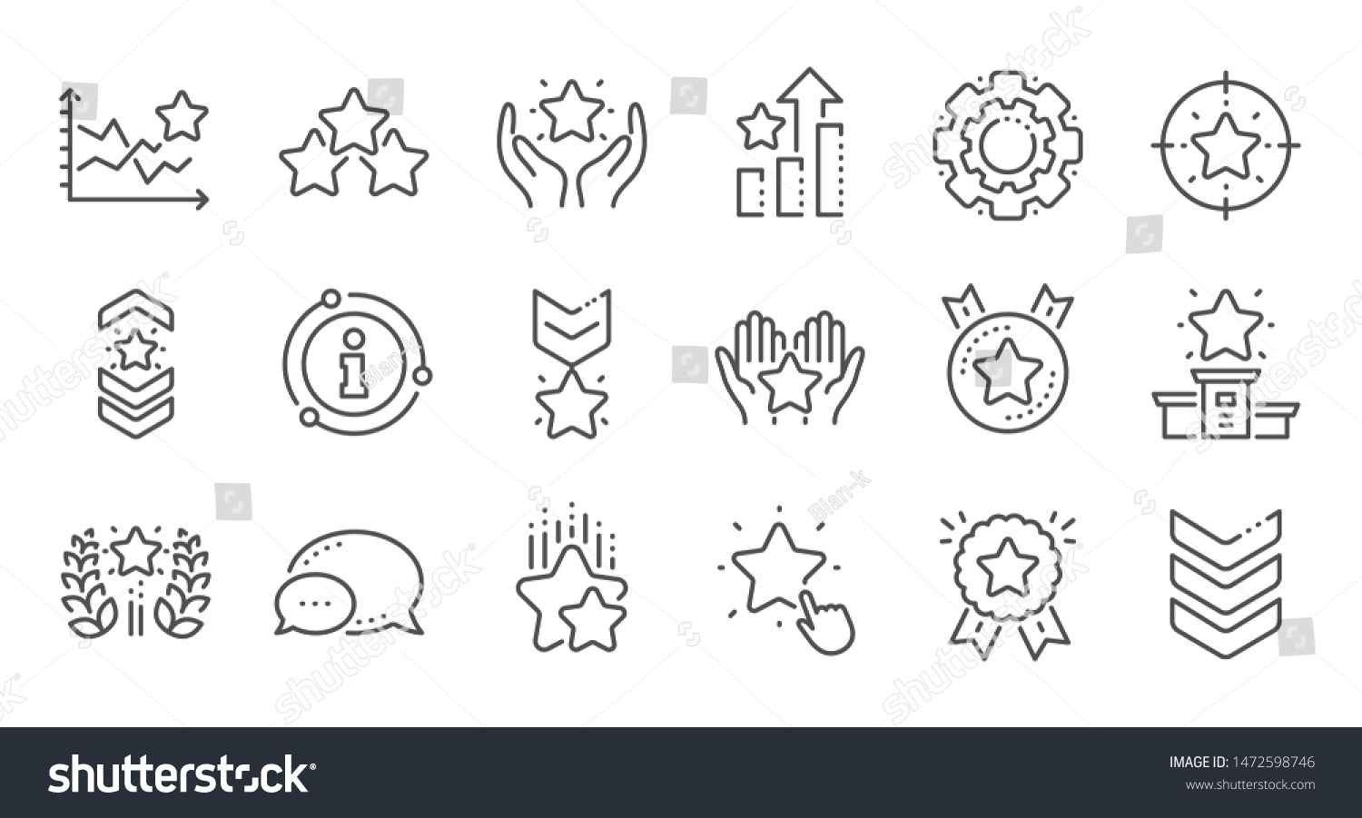 Ranking line icons. First place, star rating and winner medal. Shoulder strap, army achievement and star ranking icons. Linear set. Quality line set. Vector #1472598746