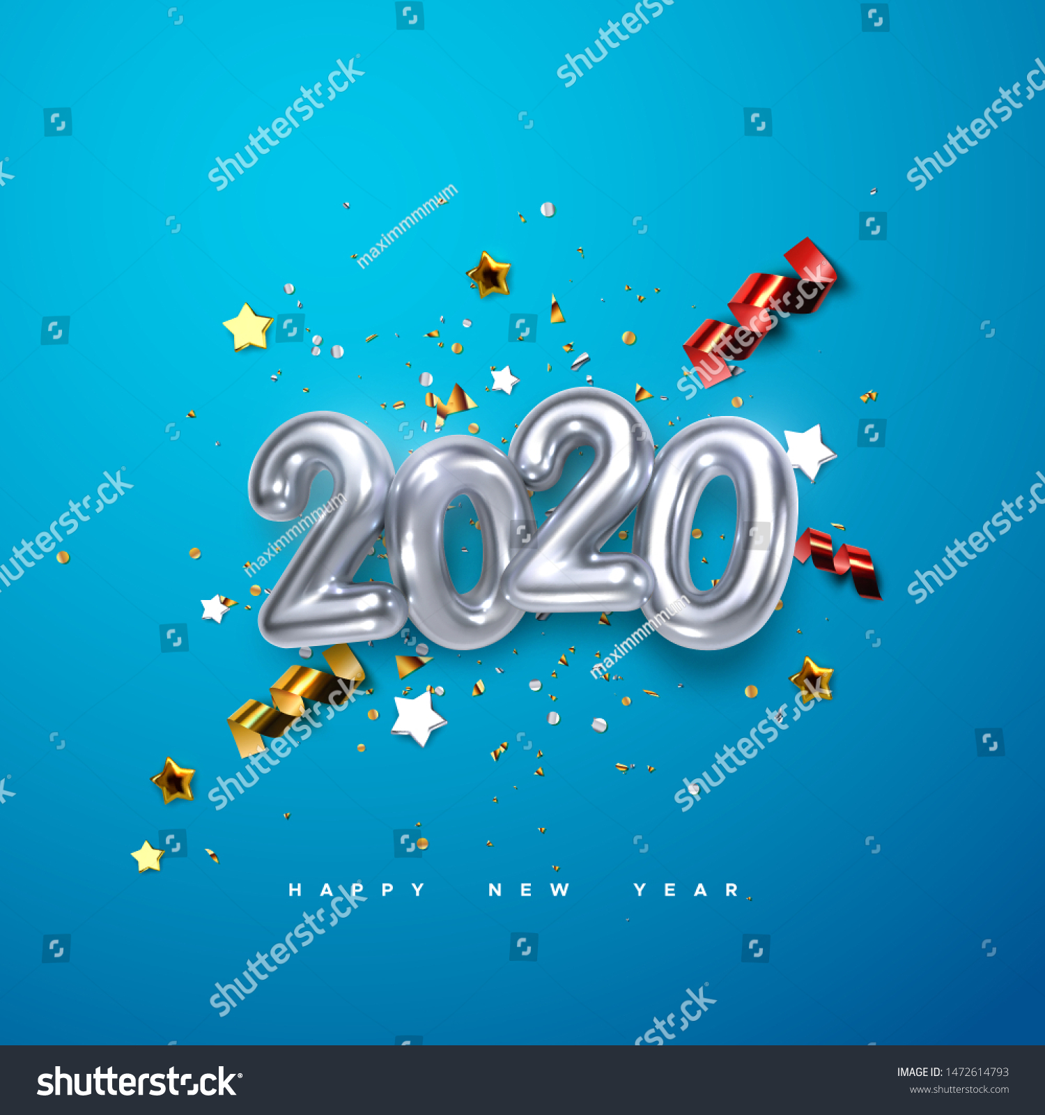 Realistic 2020 silver numbers and festive confetti, stars and streamer ribbons on blue background. Vector holiday illustration. Happy New 2020 Year. New year ornament. Decoration element with tinsel #1472614793