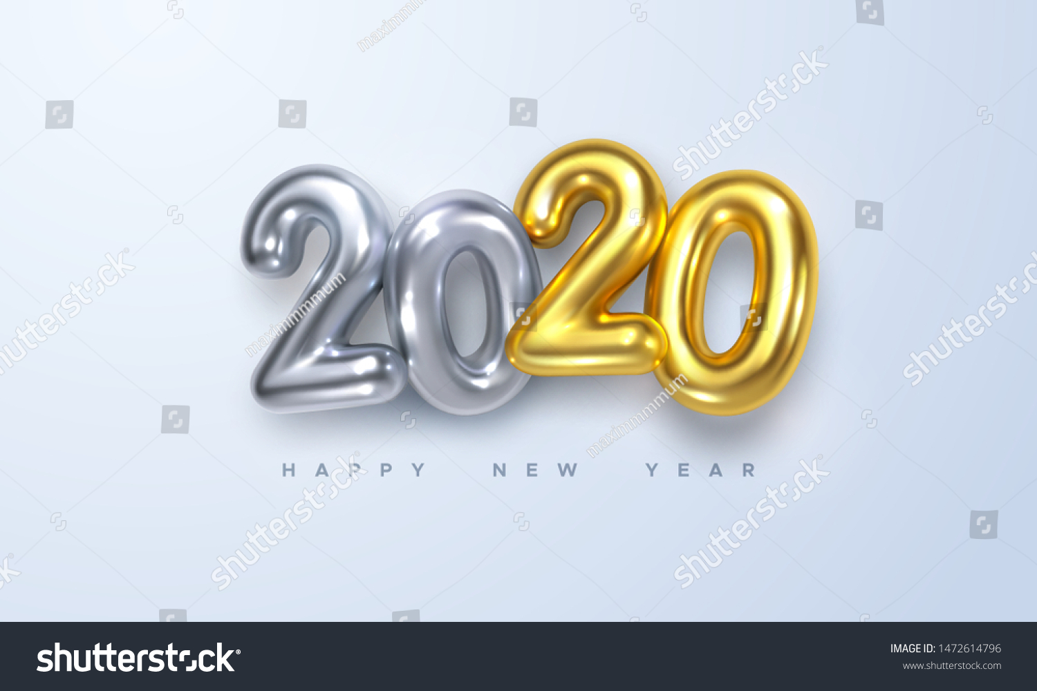 Happy New 2020 Year. Holiday vector illustration of silver and golden metallic numbers 2020. Realistic 3d sign. Festive poster or banner design #1472614796