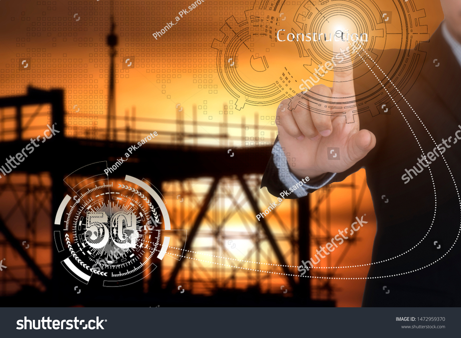 Double exposure of  5G businessman construction management concept . 5G networks are the next generation of mobile internet connectivity, offering faster speeds and more reliable connections  #1472959370