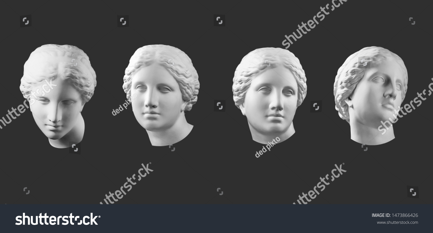 Four gypsum copy of ancient statue Venus head isolated on black background. Plaster sculpture woman face. #1473866426