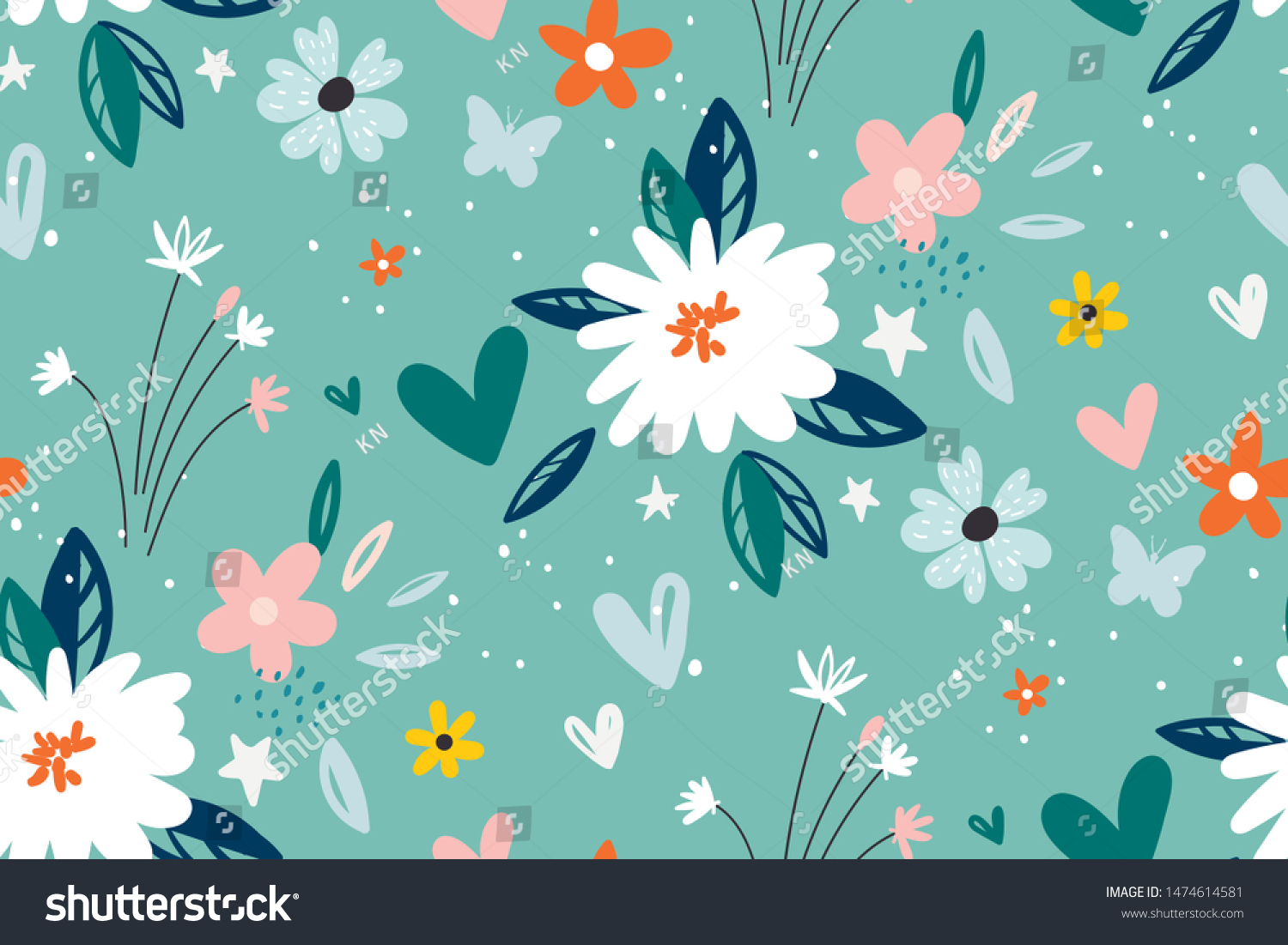 Garden flower, plants ,botanical ,seamless pattern vector design for fashion,fabric,wallpaper and all prints on green mint background color. Cute pattern in small flower. Small colorful flowers. #1474614581
