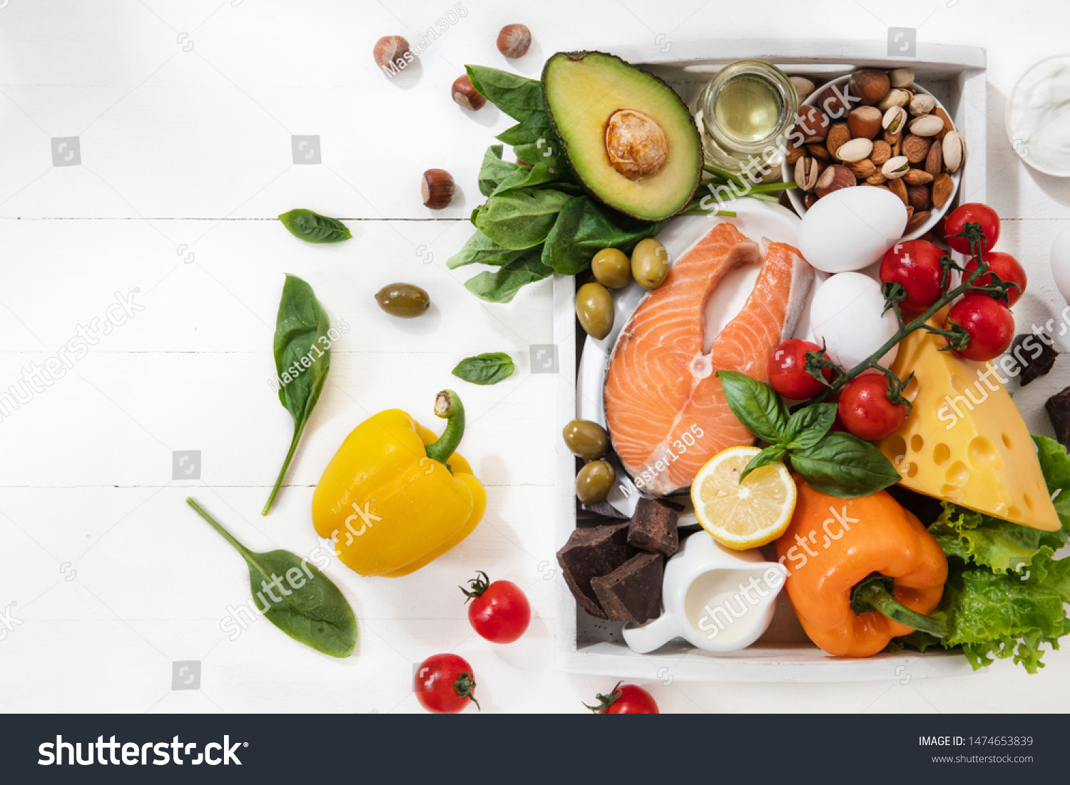 Ketogenic low carbs diet - food selection on white wooden background. Balanced healthy organic ingredients of high content of fats. Nutrition for the heart and blood vessels. Meat, fish and vegetables #1474653839