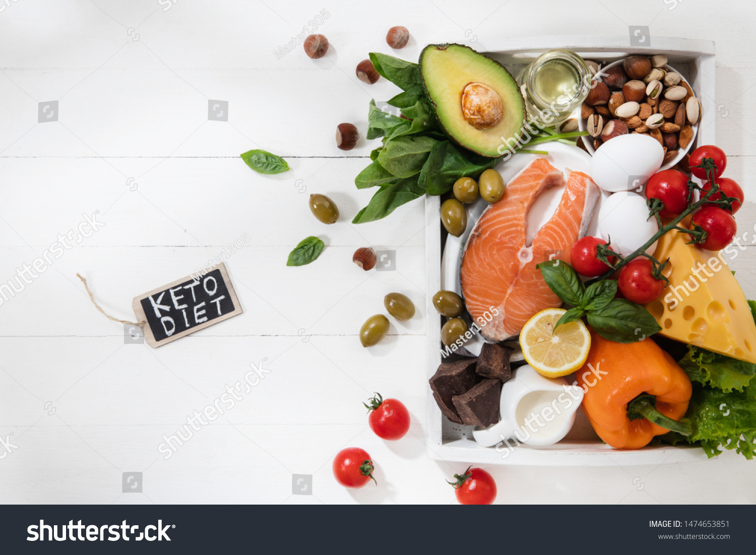 Ketogenic low carbs diet - food selection on white wooden background. Balanced healthy organic ingredients of high content of fats. Nutrition for the heart and blood vessels. Meat, fish and vegetables #1474653851