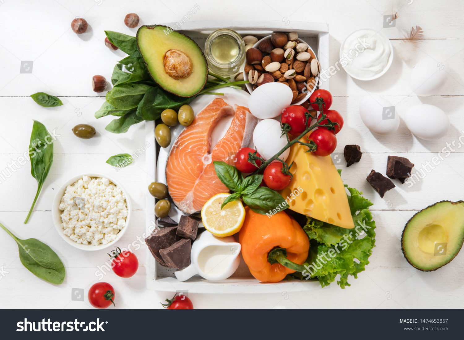 Ketogenic low carbs diet - food selection on white wooden background. Balanced healthy organic ingredients of high content of fats. Nutrition for the heart and blood vessels. Meat, fish and vegetables #1474653857